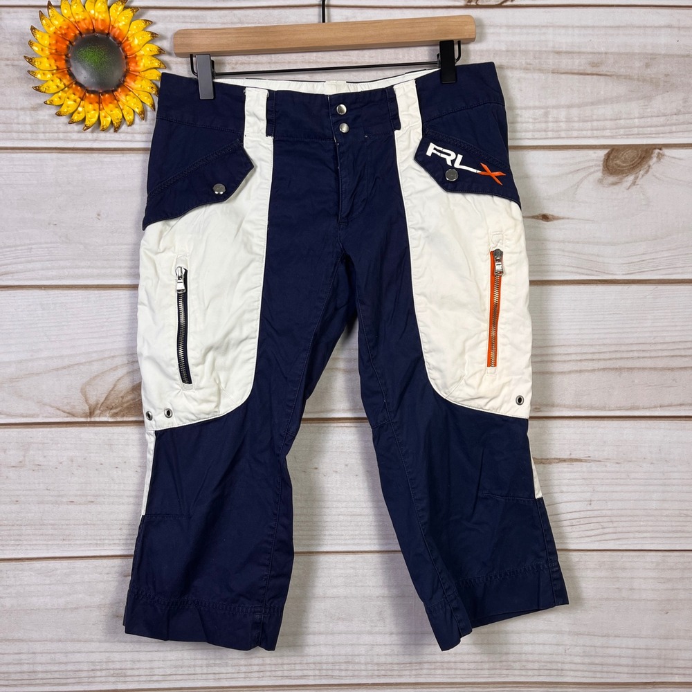 RLX Ralph Lauren Womens Navy White Colorblock Cropped Cargo Pants Vintage 4 S